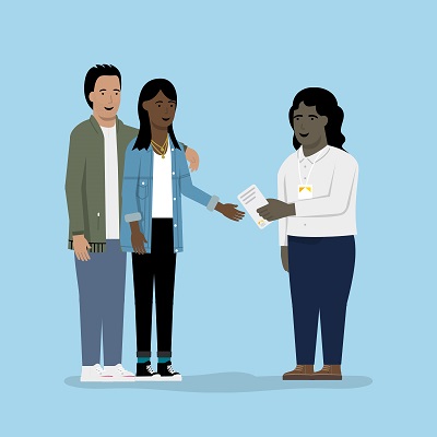 Animated image of a Leeds Building Society colleague with two customers